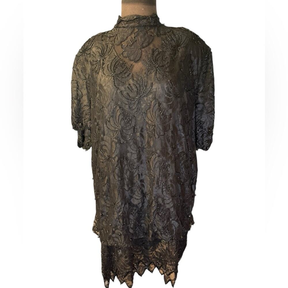 Vtg Lace Beaded Whimsigoth Oversized Mini Dress L Mobwife Statement Glam Sheer